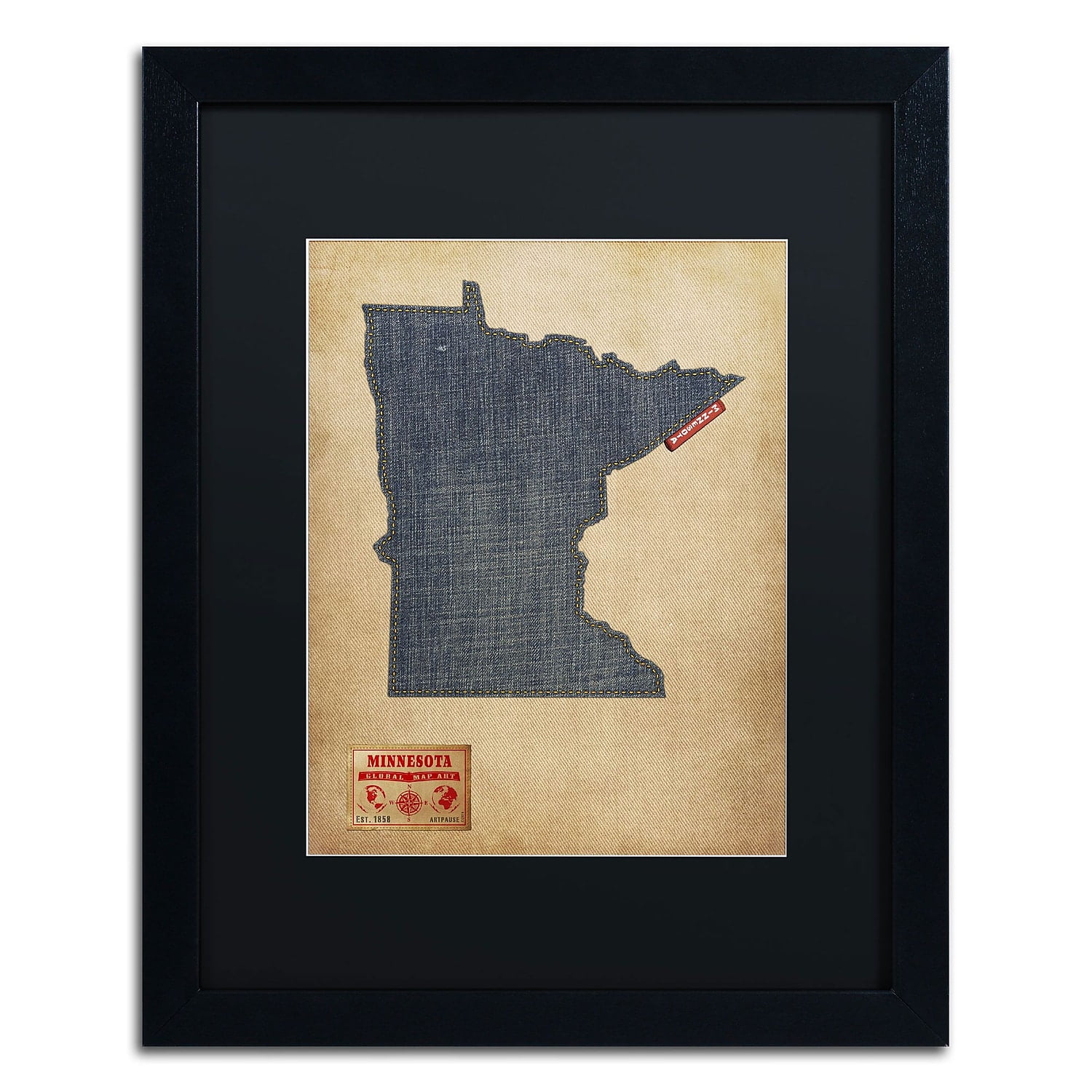 Trademark Fine Art "Minnesota Map Denim Jeans Style" Canvas Art by Michael Tompsett, Black Matte, Black Frame