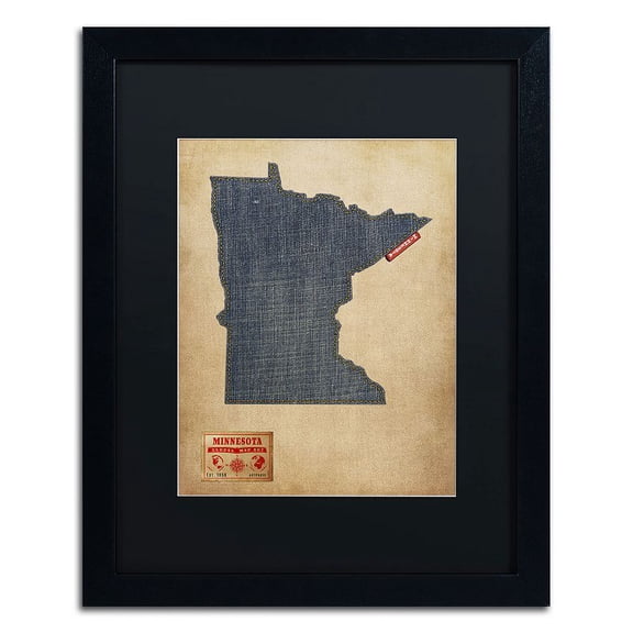 Trademark Fine Art "Minnesota Map Denim Jeans Style" Canvas Art by Michael Tompsett, Black Matte, Black Frame