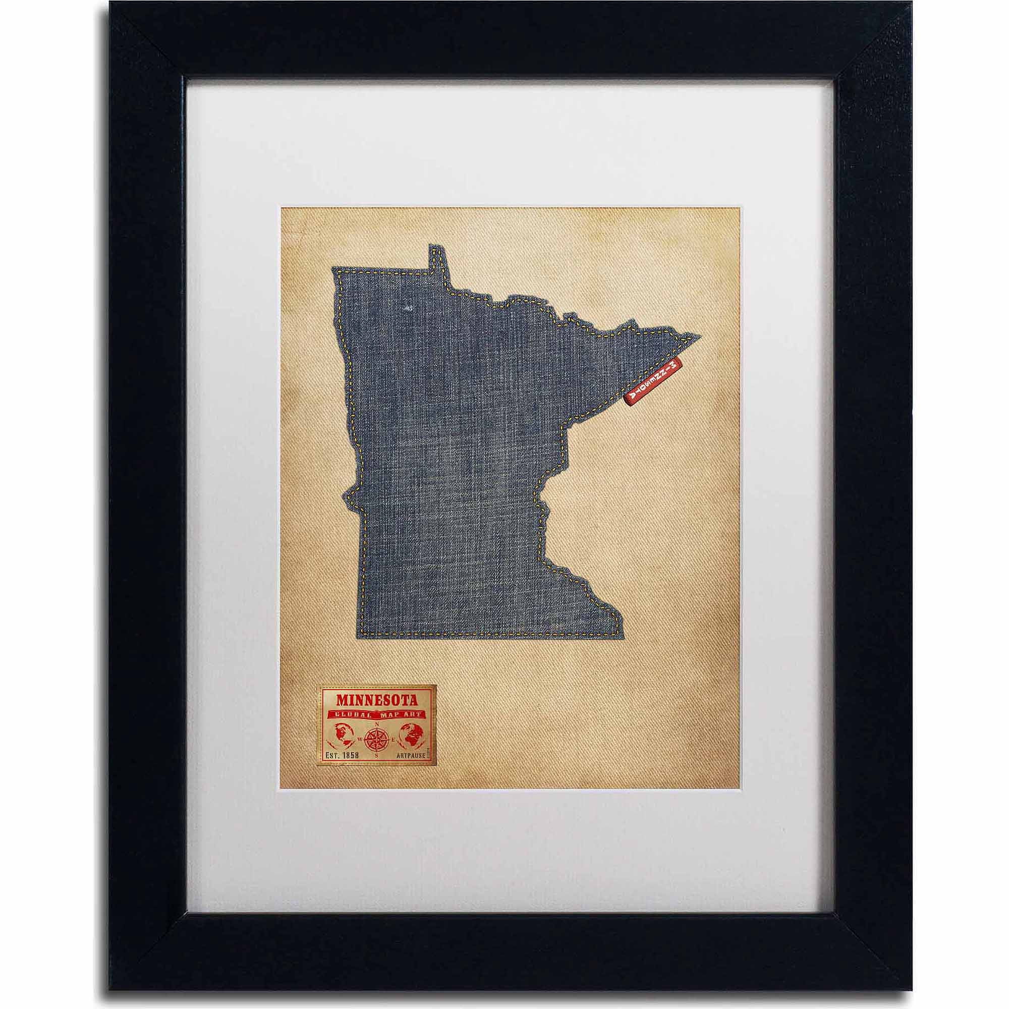 Trademark Fine Art "Minnesota Map Denim Jeans Style" Canvas Art by Michael Tompsett, White Matte, Black Frame