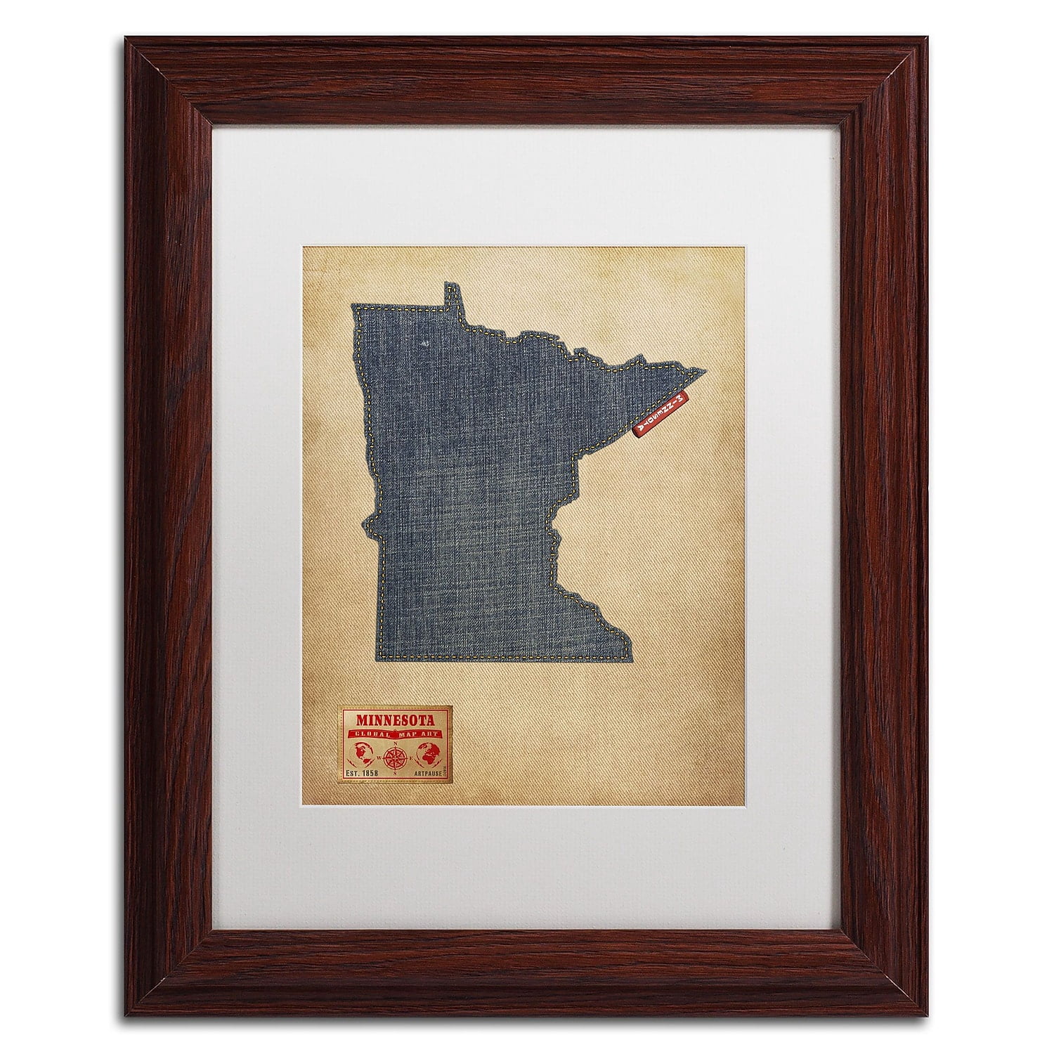 Trademark Fine Art "Minnesota Map Denim Jeans Style" Canvas Art by Michael Tompsett, White Matte, Wood Frame