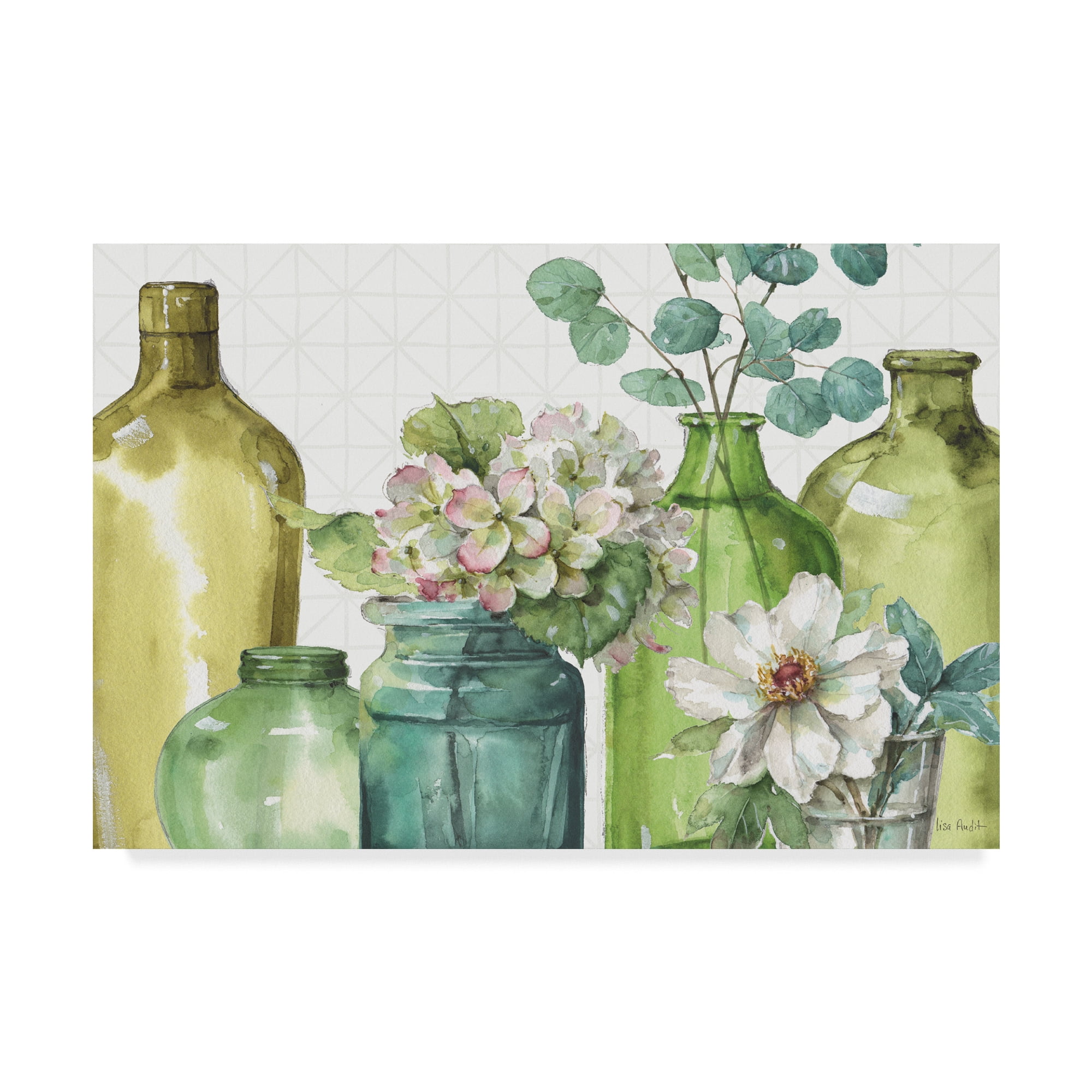 Modern Green and White Floral Canvas Art in Wooden Frame