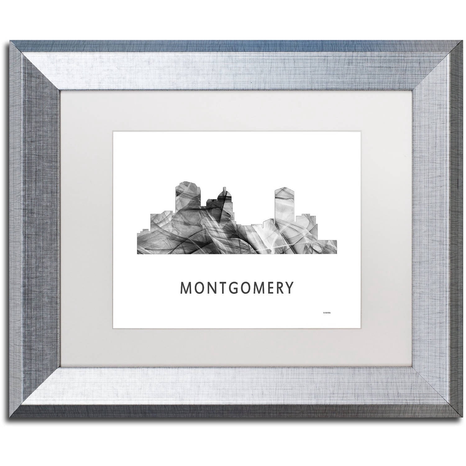 Trademark Fine Art 'Montgomery Alabama Skyline WB-BW' Canvas Art by Marlene Watson, White Matte, Silver Frame