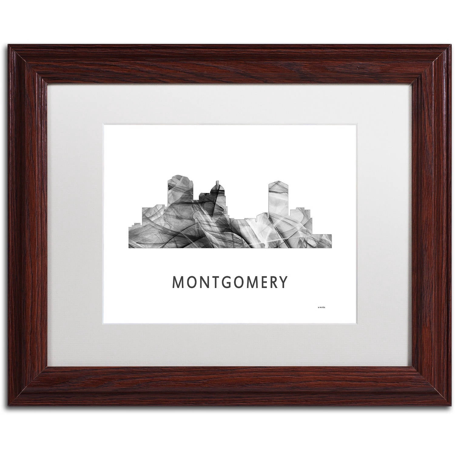 Trademark Fine Art 'Montgomery Alabama Skyline WB-BW' Canvas Art by Marlene Watson, White Matte, Wood Frame