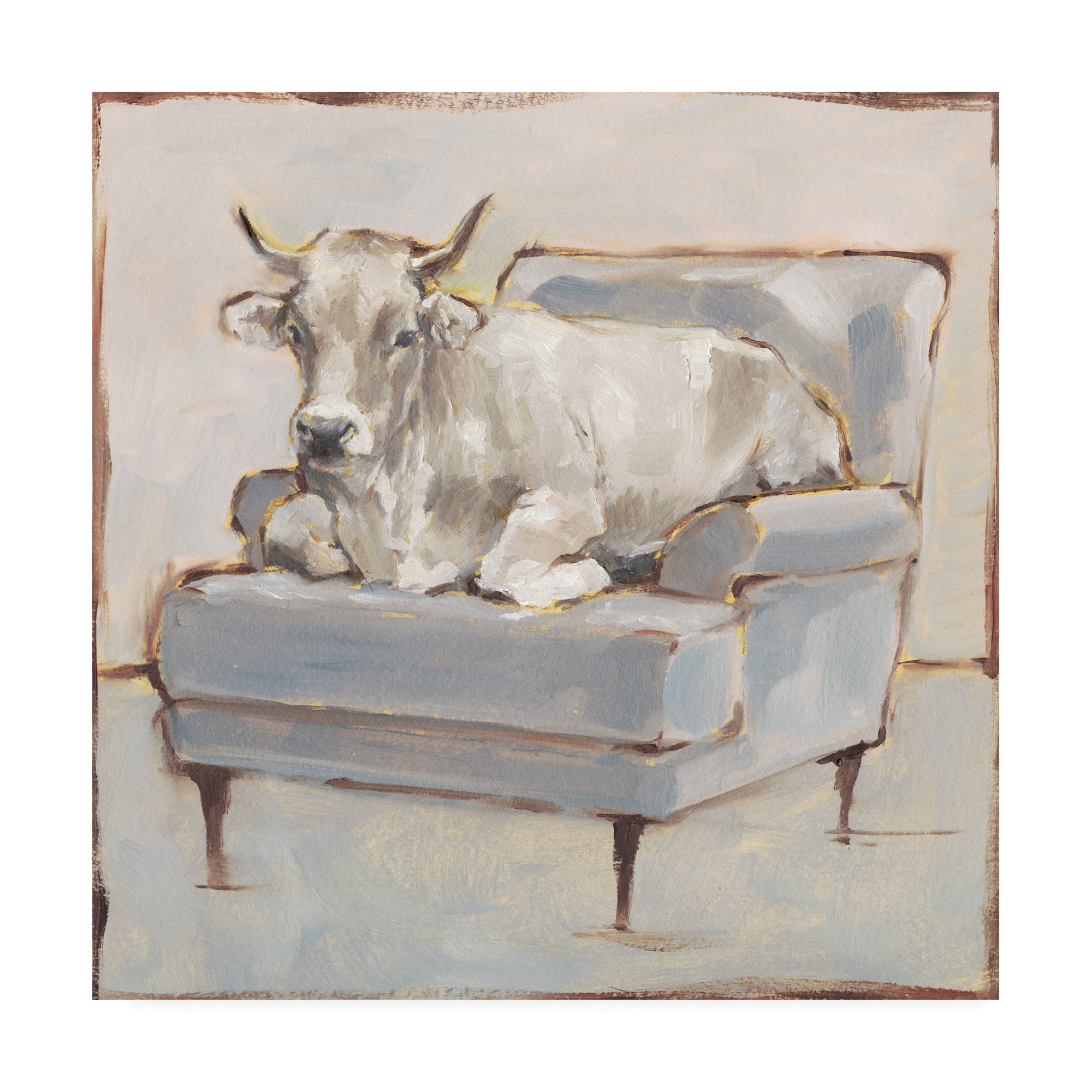 Ethan Harper White Cow in Blue Chair Canvas Art, 14x14