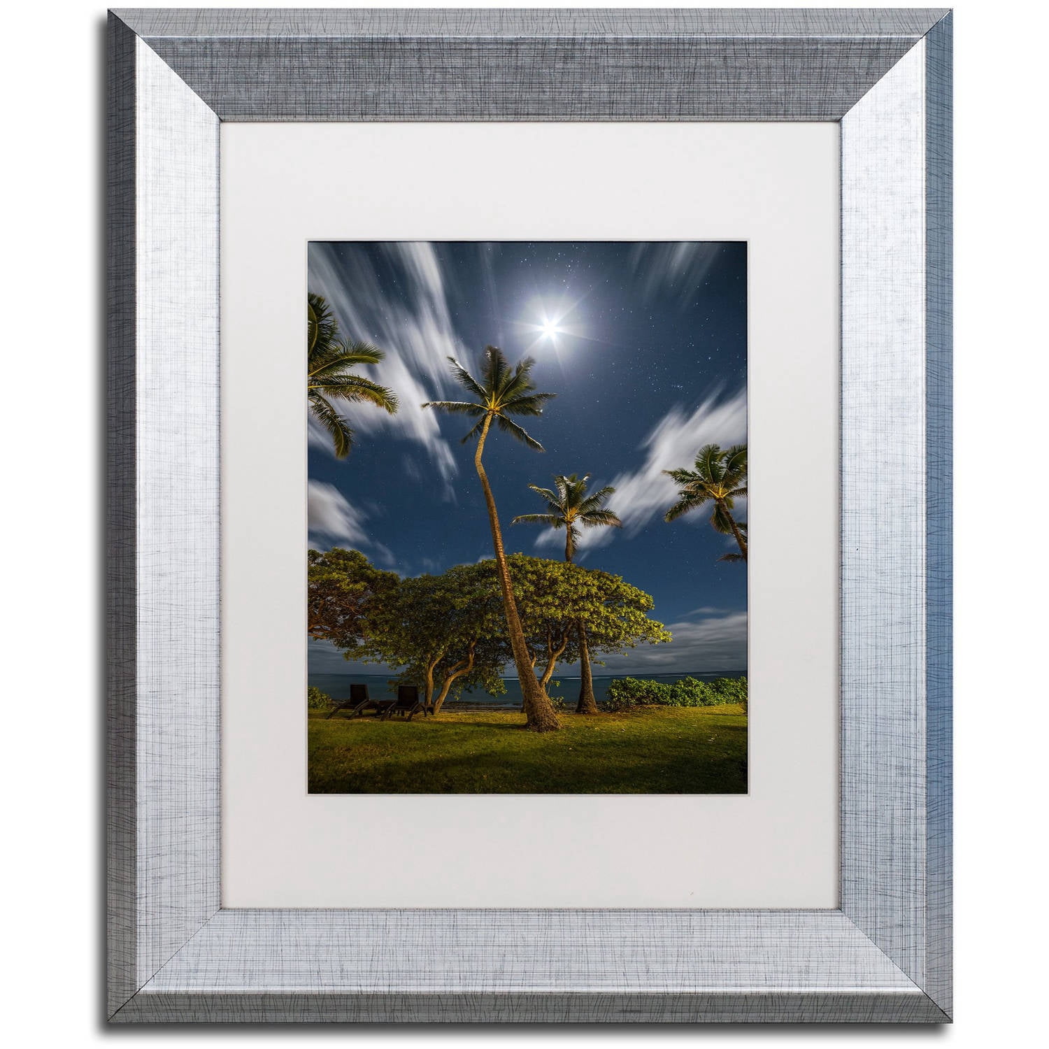 Trademark Fine Art 'Moonlit Palm Trees' Canvas Art by Pierre Leclerc, White Matte, Silver Frame