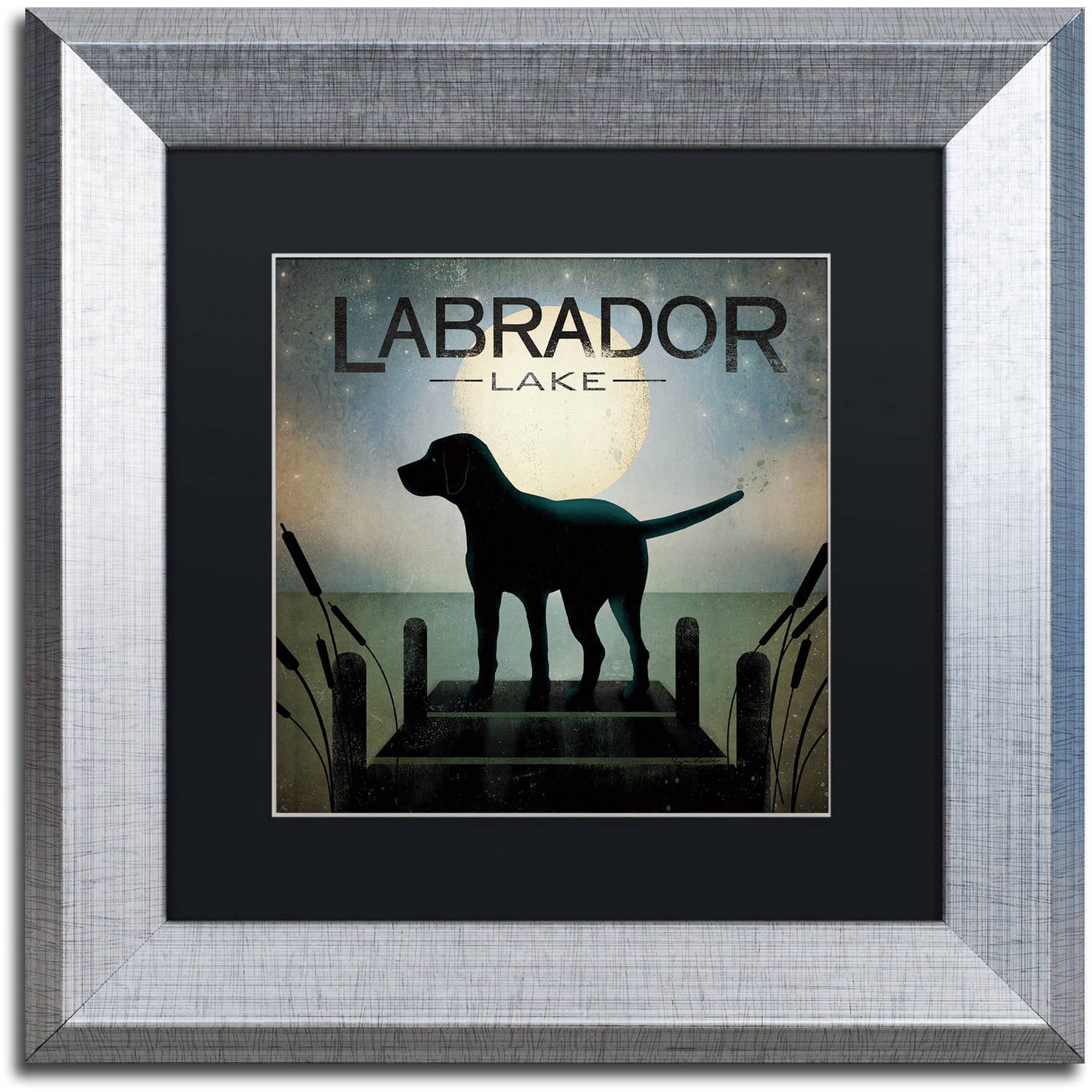 Trademark Fine Art "Moonrise Black Dog Labrador Lake" Canvas Art by Ryan Fowler Black Matte, Silver Frame