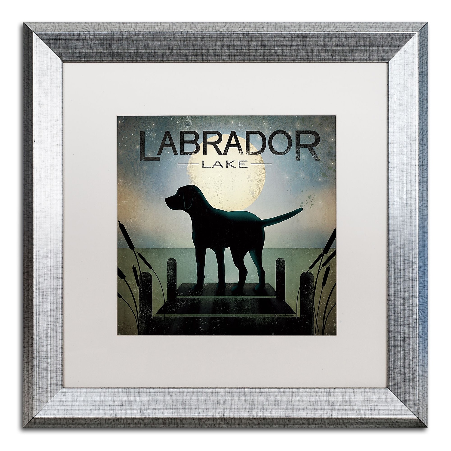 Trademark Fine Art "Moonrise Black Dog Labrador Lake" Canvas Art by Ryan Fowler White Matte, Silver Frame