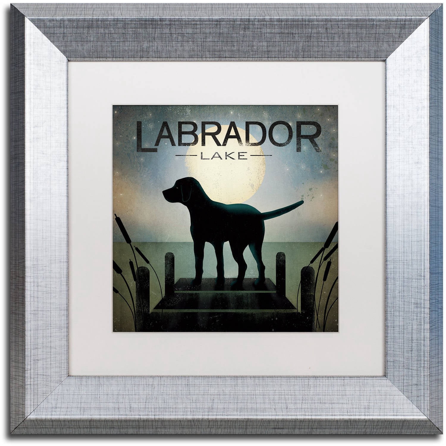 Trademark Fine Art "Moonrise Black Dog Labrador Lake" Canvas Art by Ryan Fowler White Matte, Silver Frame