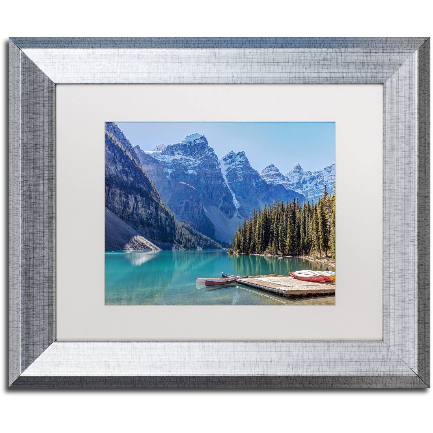 Trademark Fine Art 'Moraine Lake Canoes' Canvas Art by Pierre Leclerc, White Matte, Silver Frame