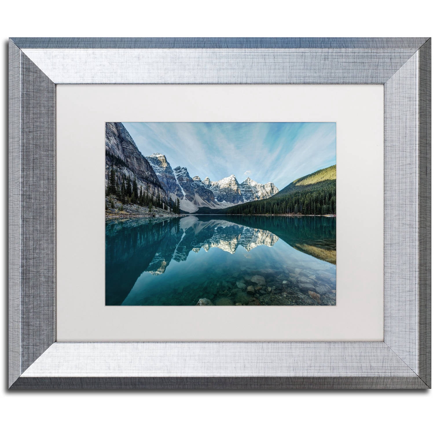 Trademark Fine Art 'Moraine Lake Reflection' Canvas Art by Pierre Leclerc, White Matte, Silver Frame