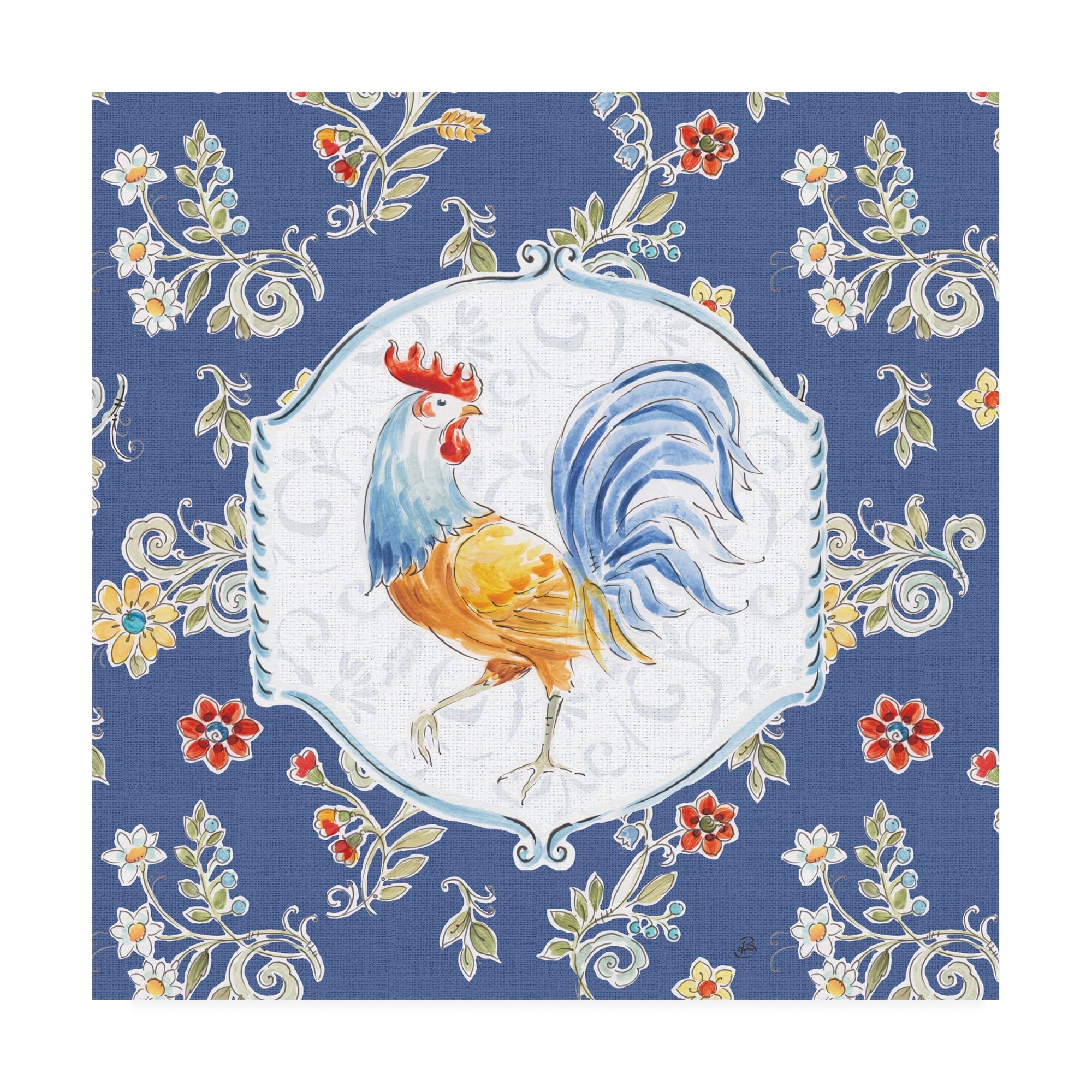 14x14 Blue and White Canvas Rooster Print