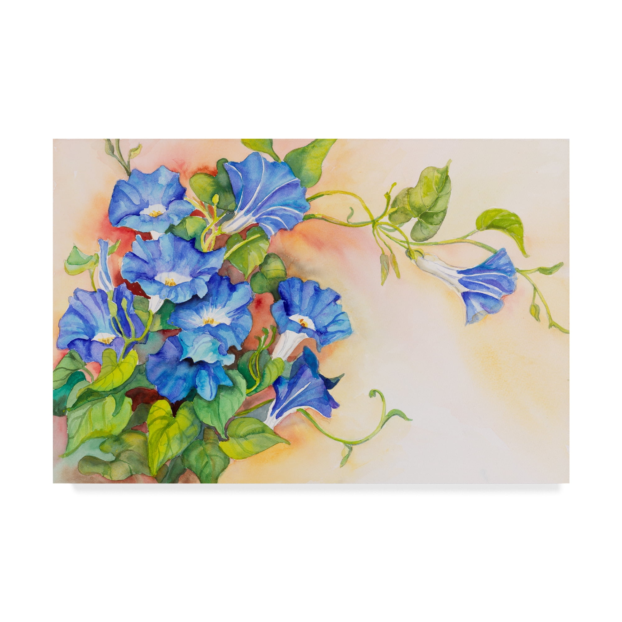Morning Glory Vine Stretching Blue Floral Canvas Art with Wooden Frame