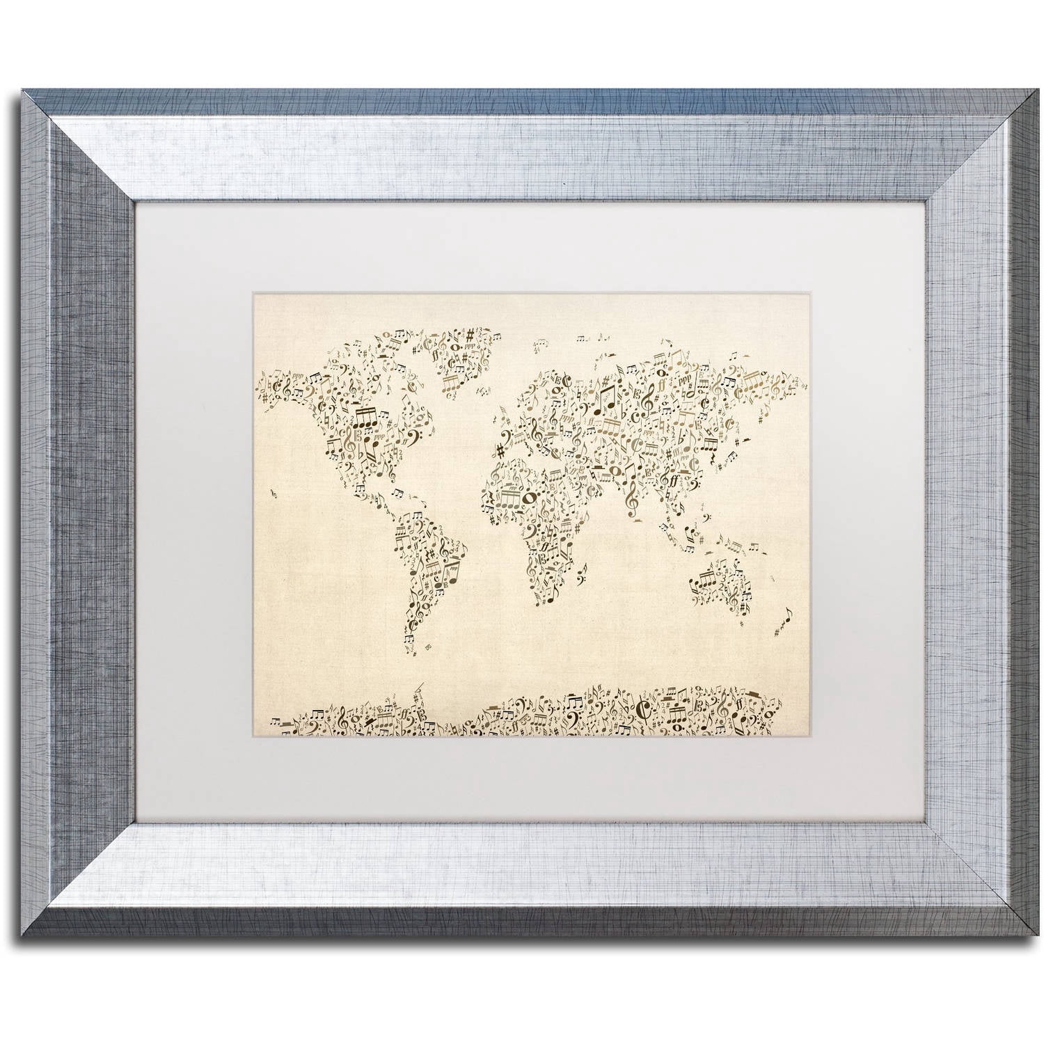 Trademark Fine Art "Music Note World Map" Canvas Art by Michael Tompsett White Matte, Silver Frame