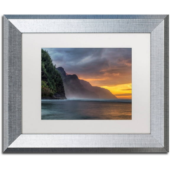 Trademark Fine Art 'Napali Sunset Kauai' Canvas Art by Pierre Leclerc, White Matte, Silver Frame
