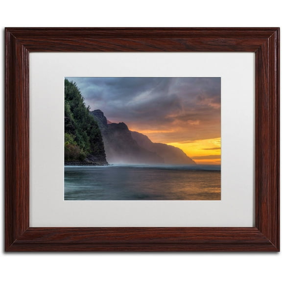 Trademark Fine Art 'Napali Sunset Kauai' Canvas Art by Pierre Leclerc, White Matte, Wood Frame