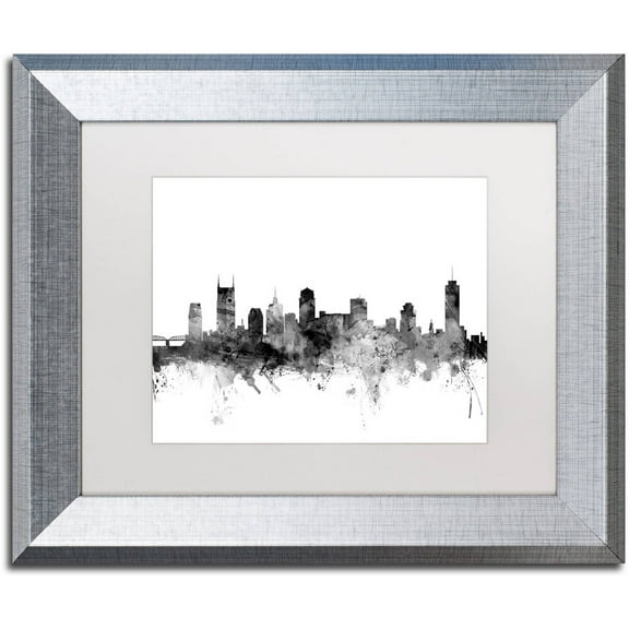 Trademark Fine Art "Nashville TN Skyline B&W" Canvas Art by Michael Tompsett, White Matte, Silver Frame