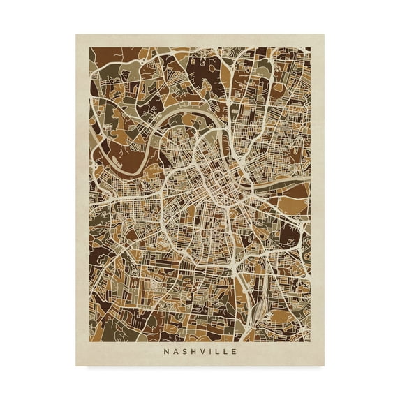 Trademark Fine Art 'Nashville Tennessee City Map Brown' Canvas Art by Michael Tompsett