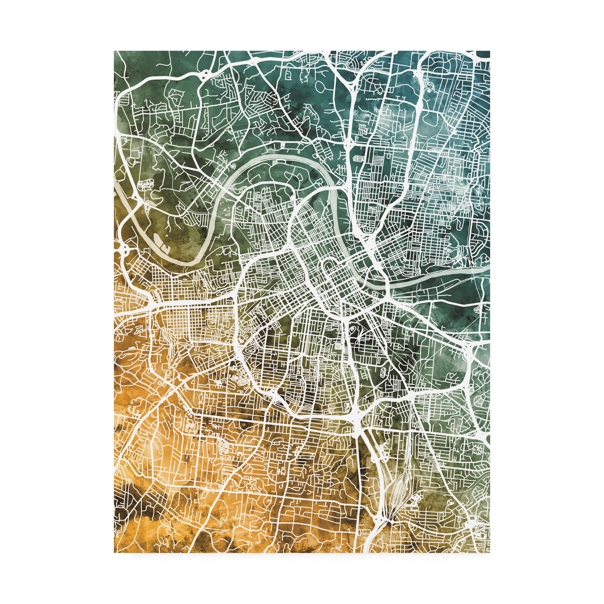 Trademark Fine Art 'Nashville Tennessee City Map Teal Orange' Canvas Art by Michael Tompsett