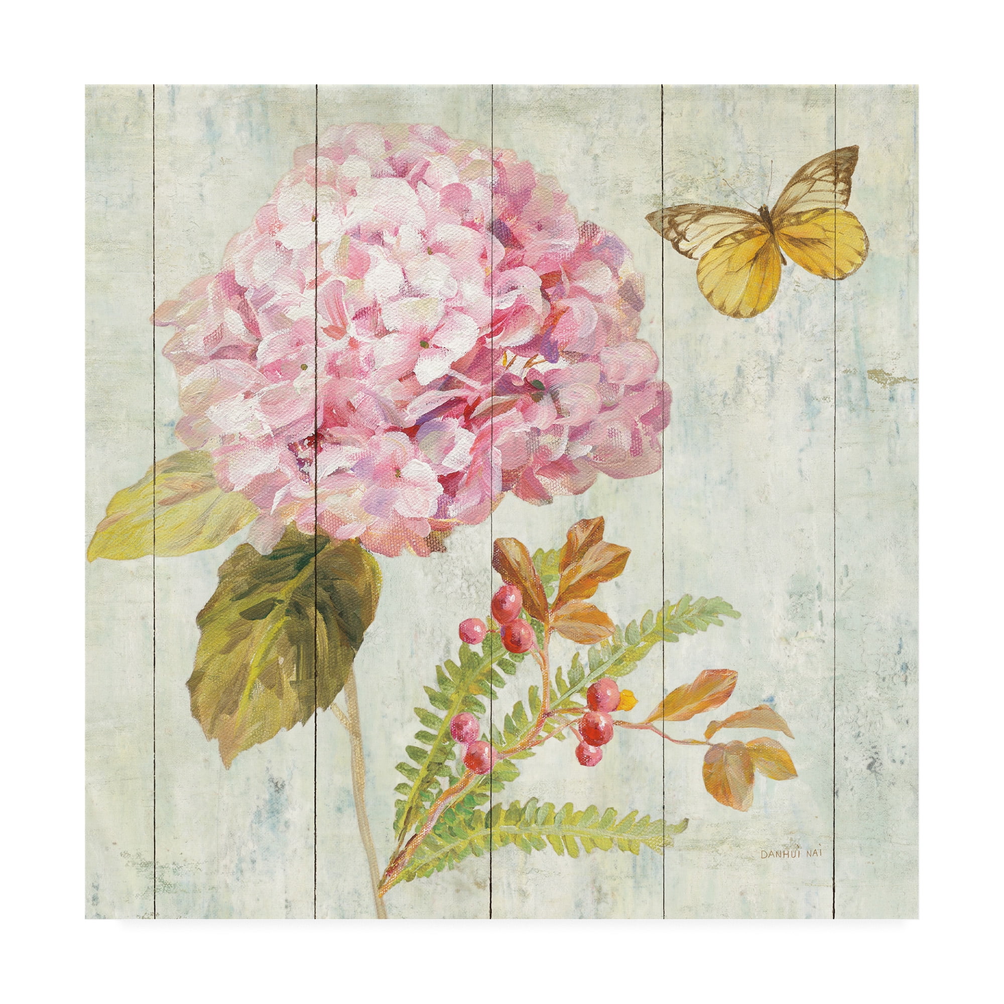 Pink Floral and Butterfly Canvas Art on Wood Background