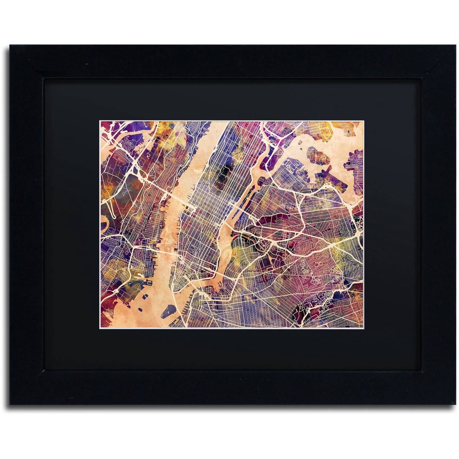 Trademark Fine Art "New York City Street Map" Canvas Art by Michael Tompsett, Black Matte, Black Frame