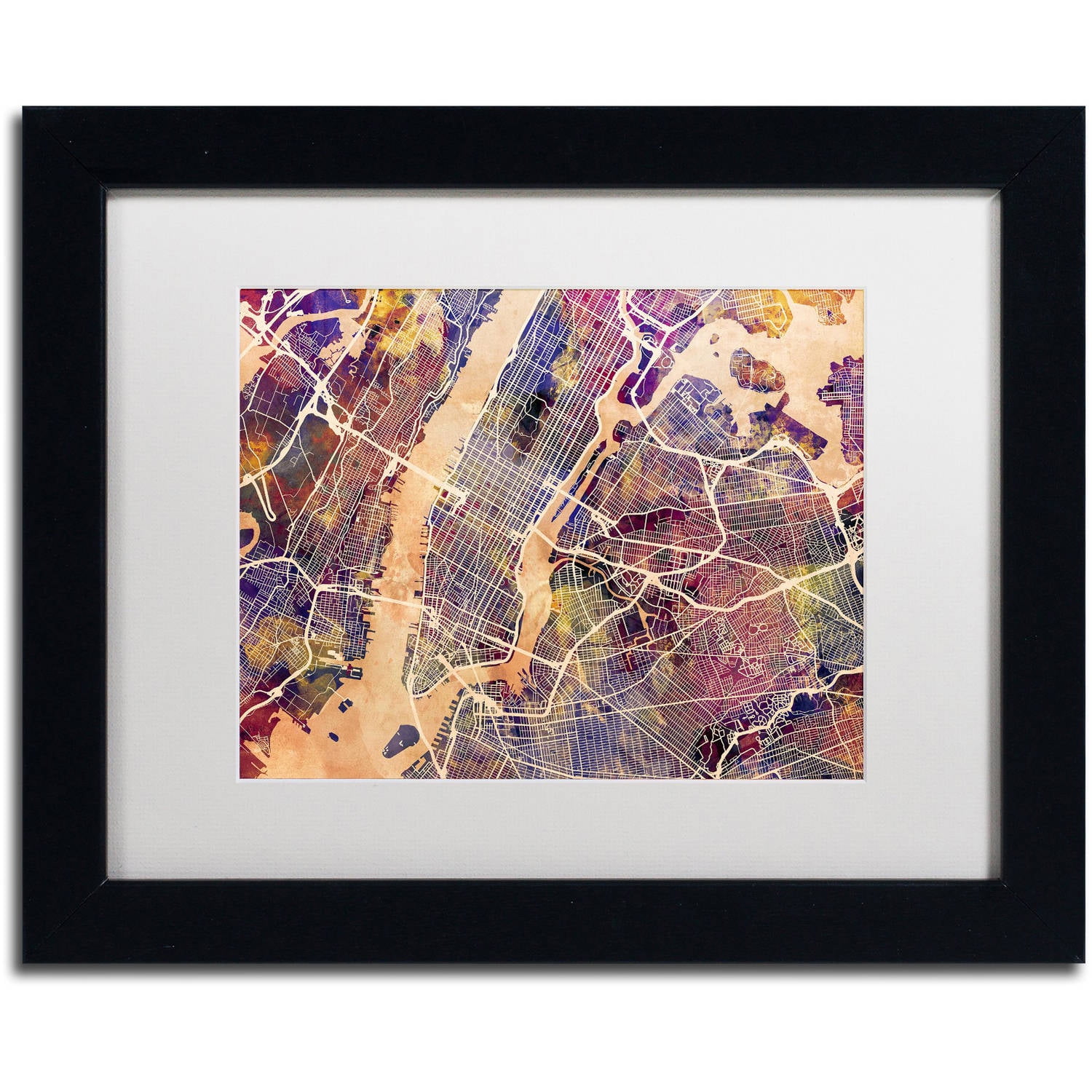 Trademark Fine Art "New York City Street Map" Canvas Art by Michael Tompsett, White Matte, Black Frame