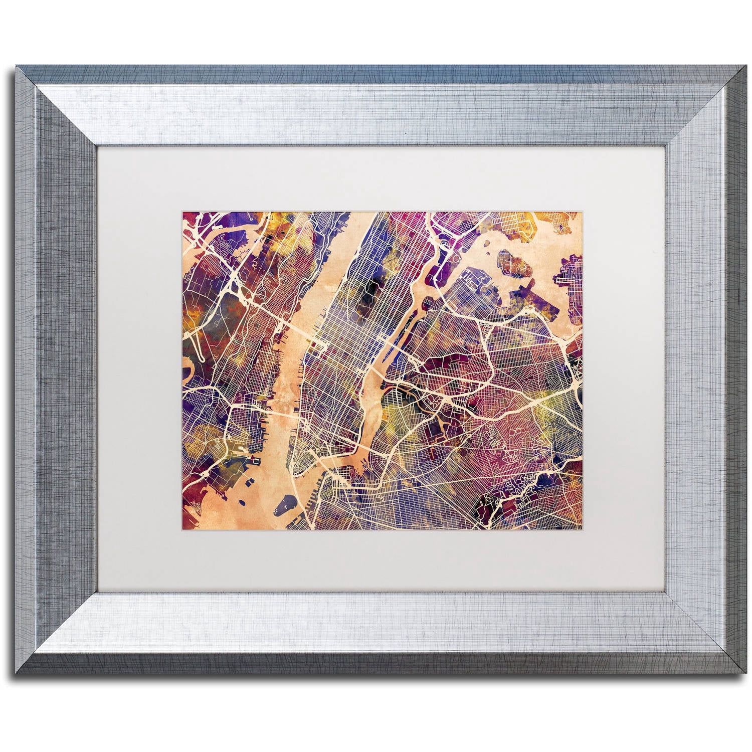 Trademark Fine Art "New York City Street Map" Canvas Art by Michael Tompsett, White Matte, Silver Frame