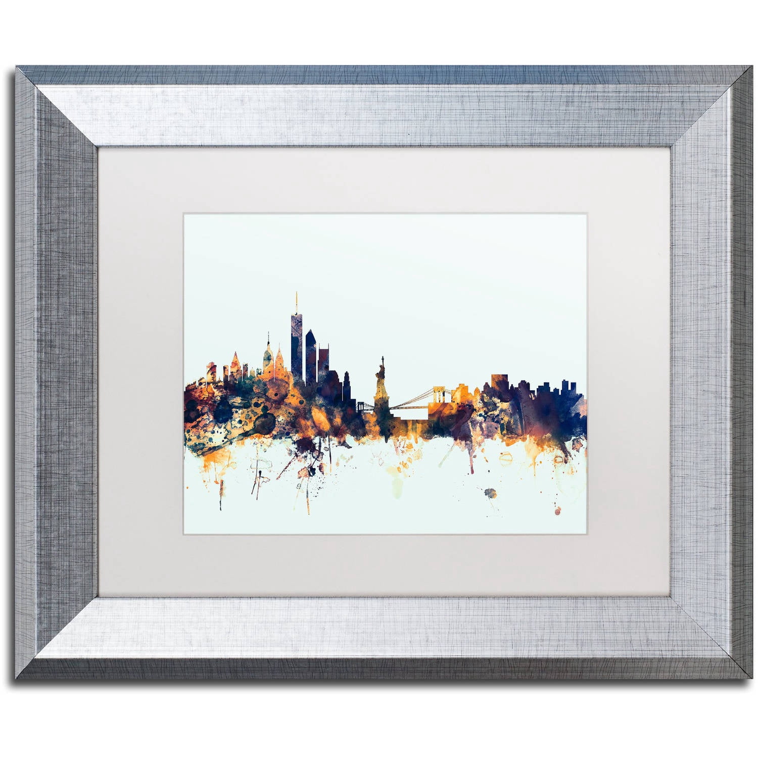 Trademark Fine Art "New York Skyline Blue" Canvas Art by Michael Tompsett, White Matte, Silver Frame