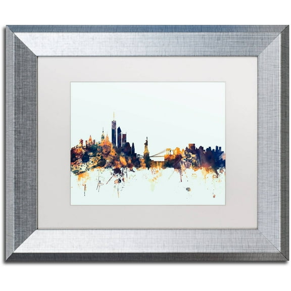 Trademark Fine Art "New York Skyline Blue" Canvas Art by Michael Tompsett, White Matte, Silver Frame