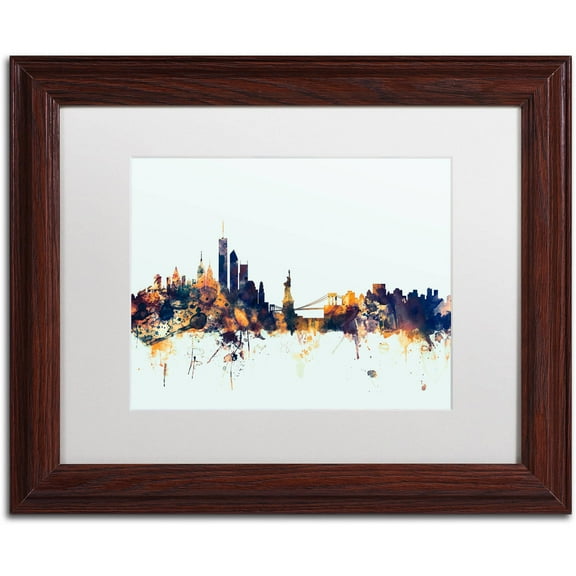 Trademark Fine Art "New York Skyline Blue" Canvas Art by Michael Tompsett, White Matte, Wood Frame