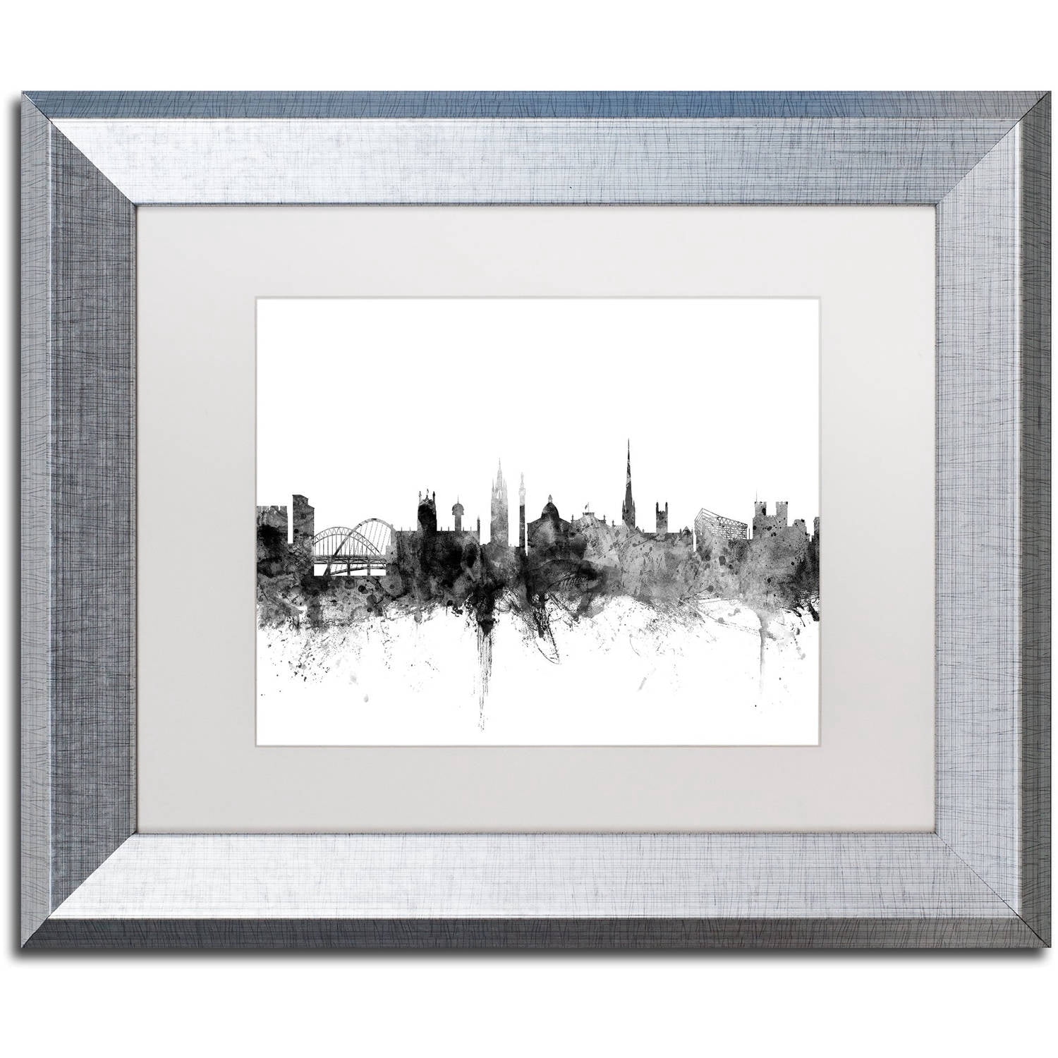 Trademark Fine Art "Newcastle England Skyline B&W" Canvas Art by Michael Tompsett, White Matte, Silver Frame