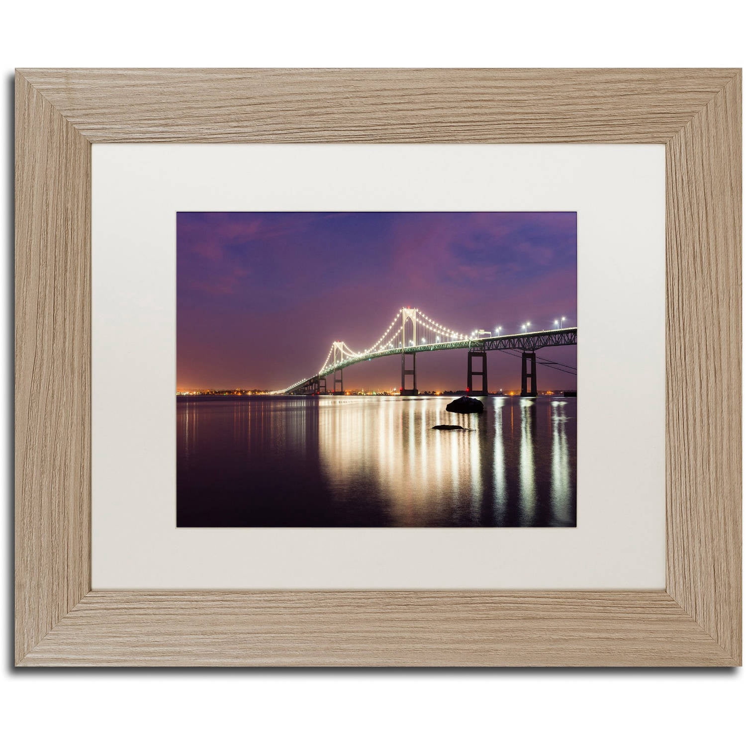Trademark Fine Art "Newport Bridge Dusk" Canvas Art by Michael Blanchette Photography White Matte, Birch Frame