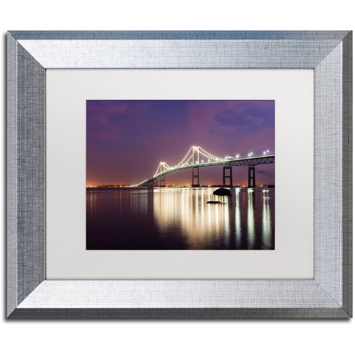 Trademark Fine Art "Newport Bridge Dusk" Canvas Art by Michael Blanchette Photography White Matte, Silver Frame