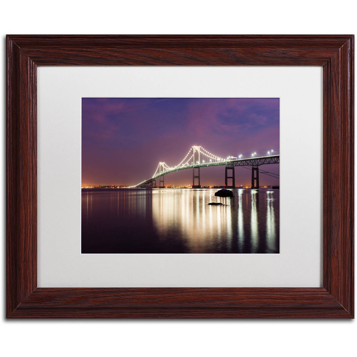 Trademark Fine Art "Newport Bridge Dusk" Canvas Art by Michael Blanchette Photography White Matte, Wood Frame