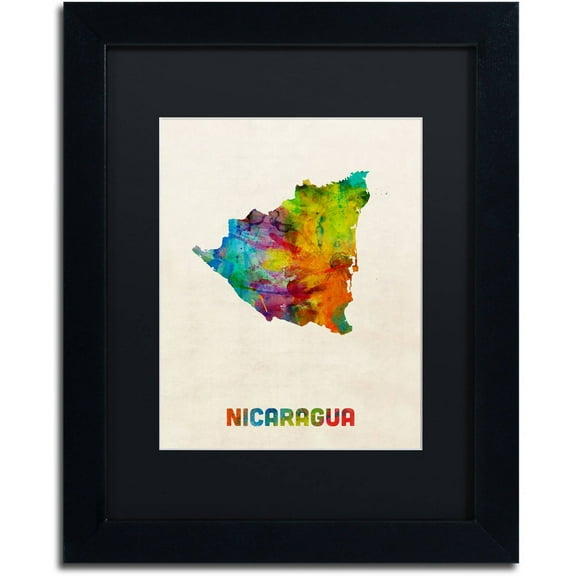 Trademark Fine Art "Nicaragua Watercolor Map" Canvas Art by Michael Tompsett Black Matte, Black Frame