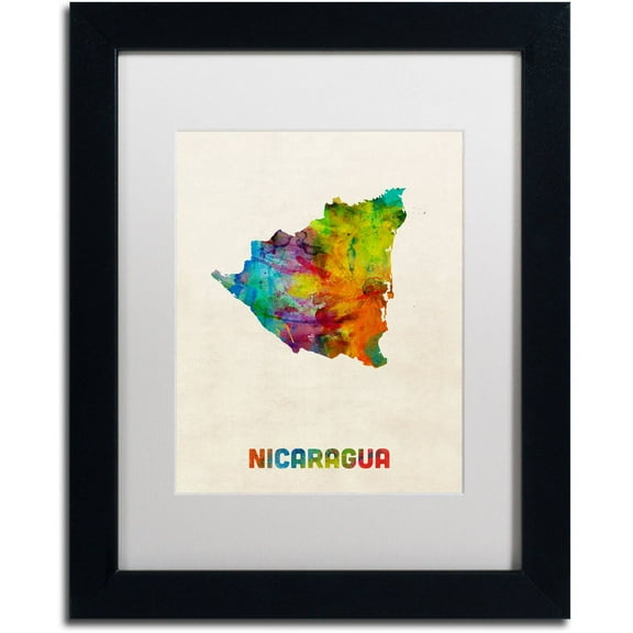 Trademark Fine Art "Nicaragua Watercolor Map" Canvas Art by Michael Tompsett White Matte, Black Frame