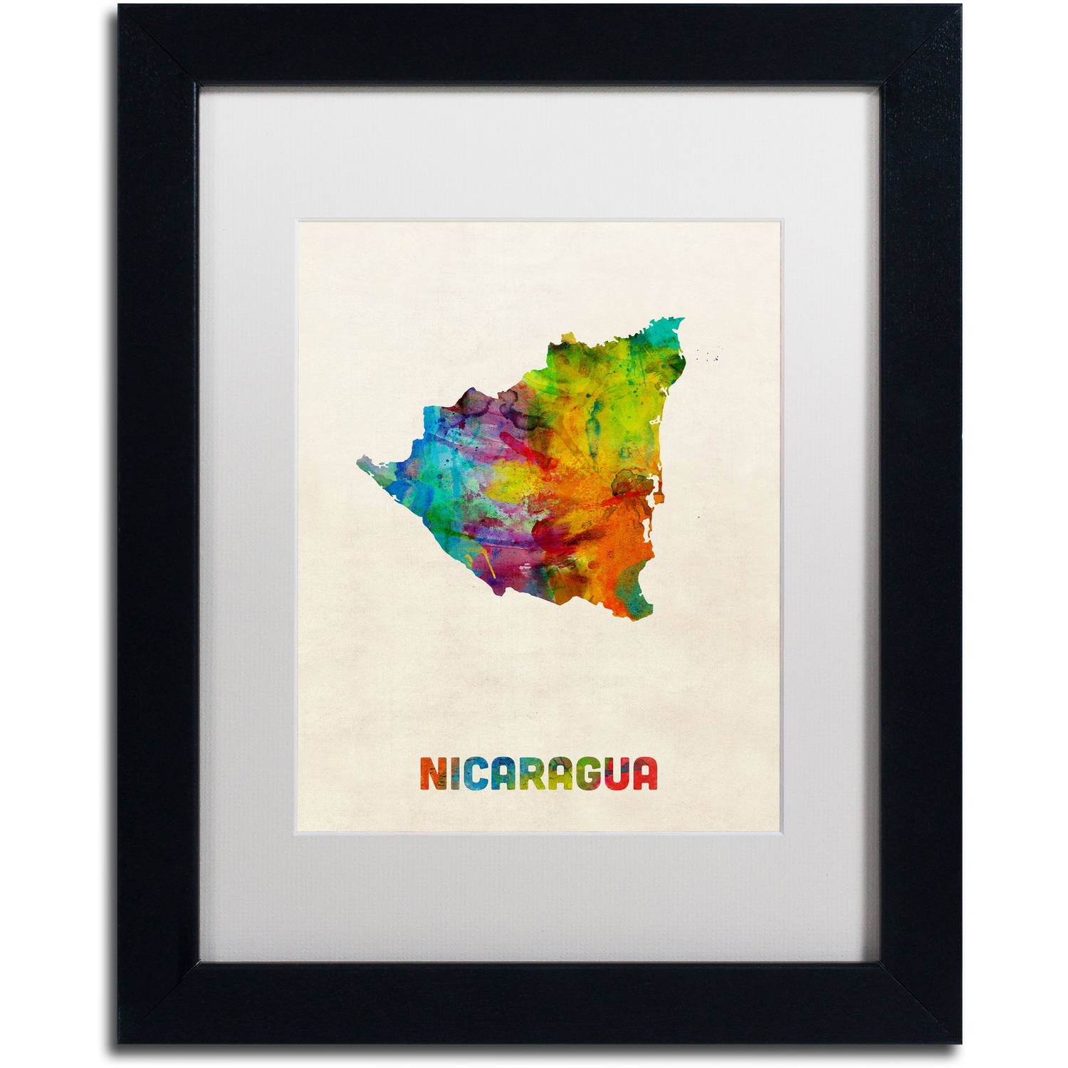 Trademark Fine Art ''Nicaragua Watercolor Map'' by Michael Tompsett 16" x 20" White Matted Black Frame (MT0749-B1620MF)