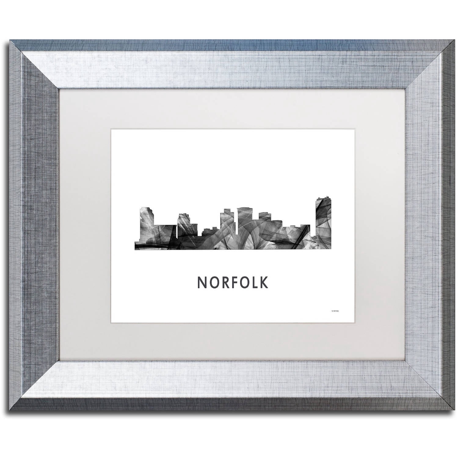 Trademark Fine Art 'Norfolk Virginia Skyline WB-BW' Canvas Art by Marlene Watson, White Matte, Silver Frame