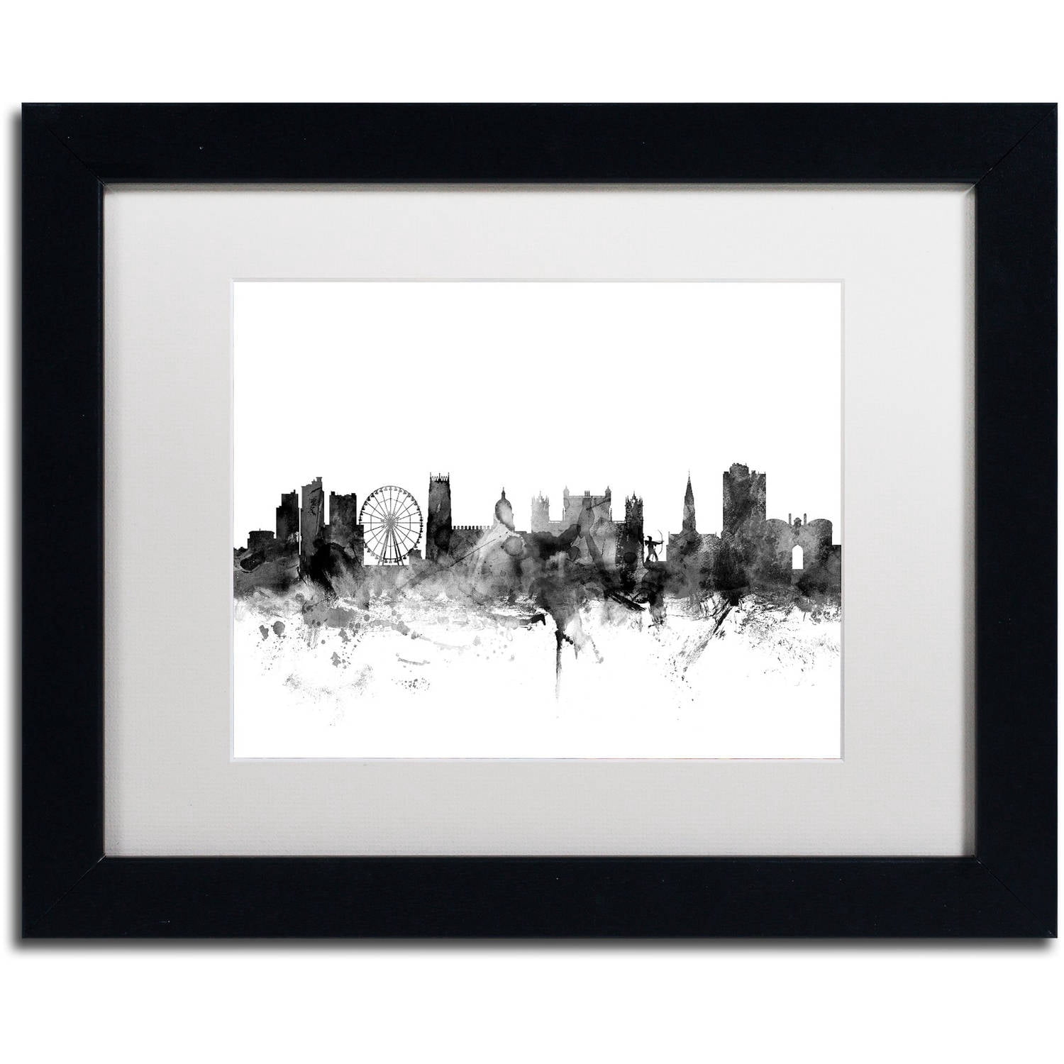 Trademark Fine Art "Nottingham England Skyline B&W" Canvas Art by Michael Tompsett, White Matte, Black Frame