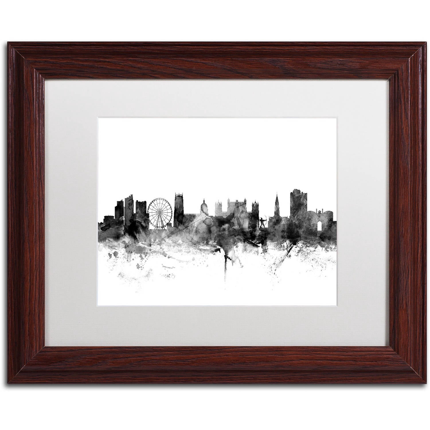 Trademark Fine Art "Nottingham England Skyline B&W" Canvas Art by Michael Tompsett, White Matte, Wood Frame