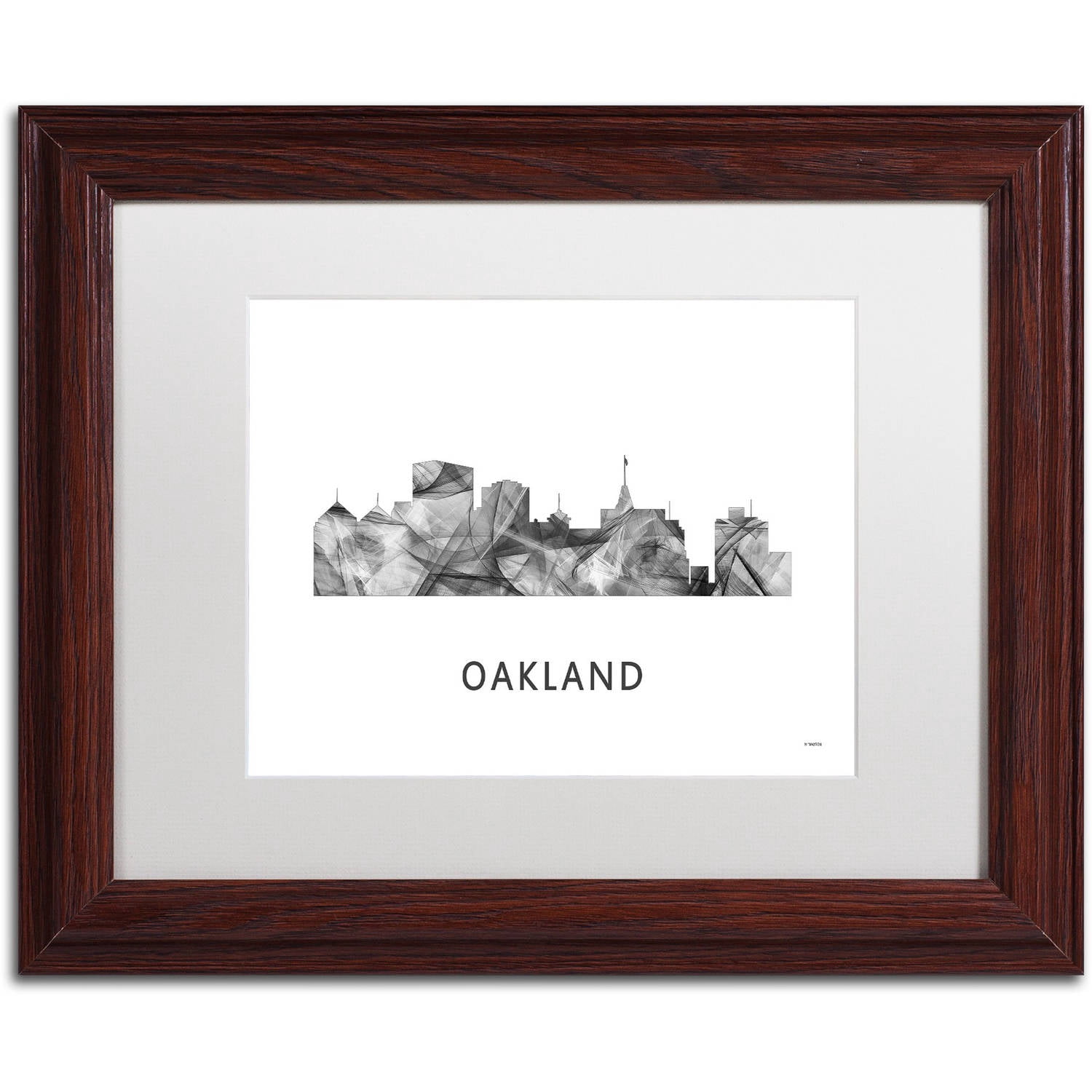 Trademark Fine Art 'Oakland California Skyline WB-BW' Canvas Art by Marlene Watson, White Matte, Wood Frame