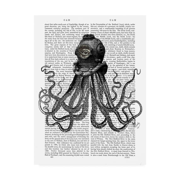 Trademark Fine Art 'Octopus And Diving Helmet' Canvas Art by Fab Funky