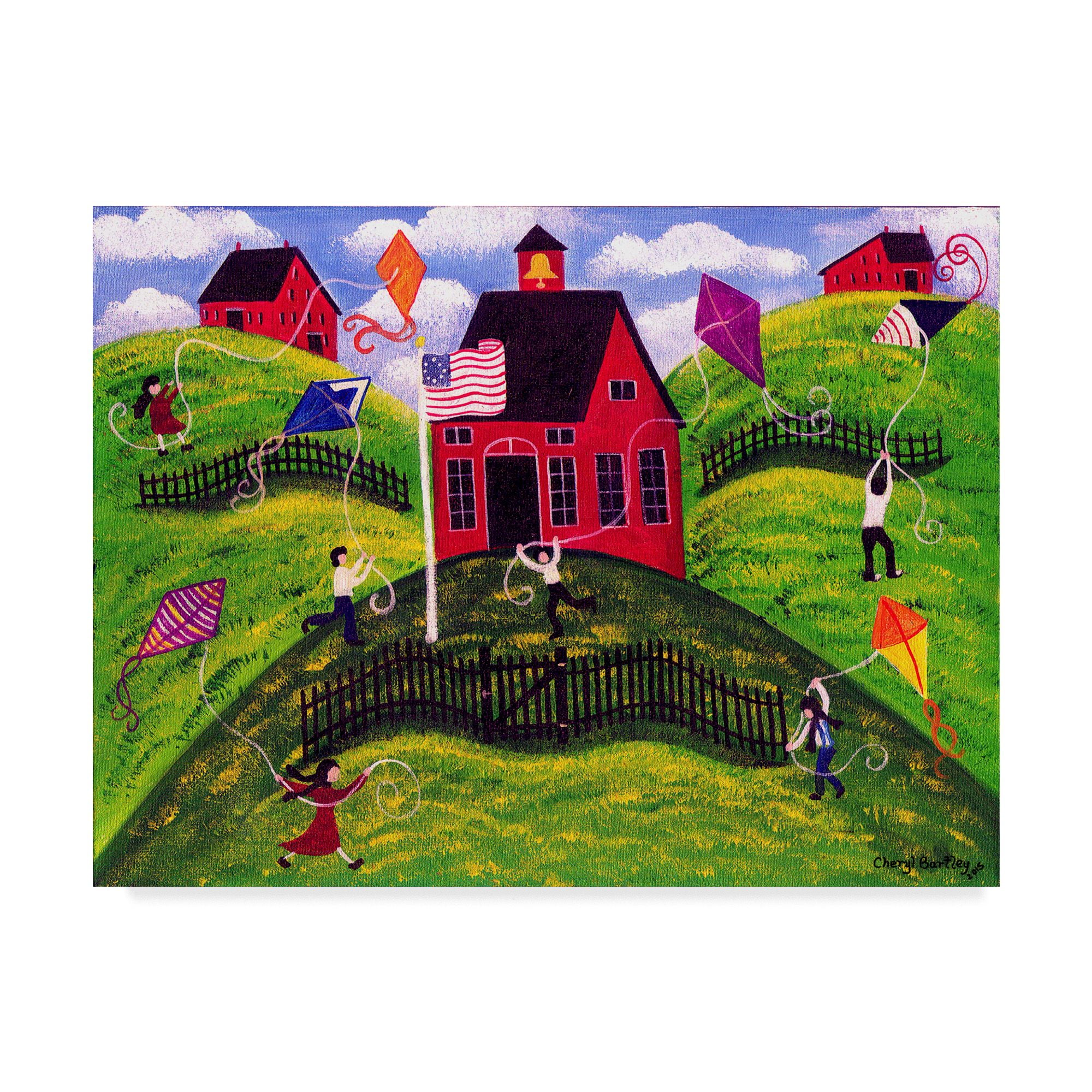 Trademark Fine Art 'Old Red School House Kite Day' Canvas Art by Cheryl Bartley