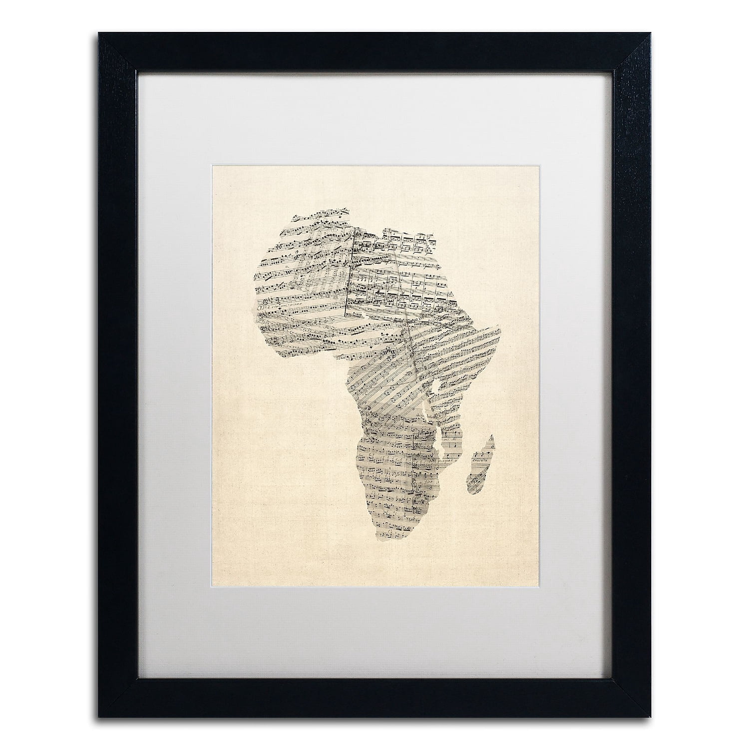 Trademark Fine Art 'Old Sheet Music Map of Africa' Canvas Art by Michael Tompsett, White Matte, Black Frame