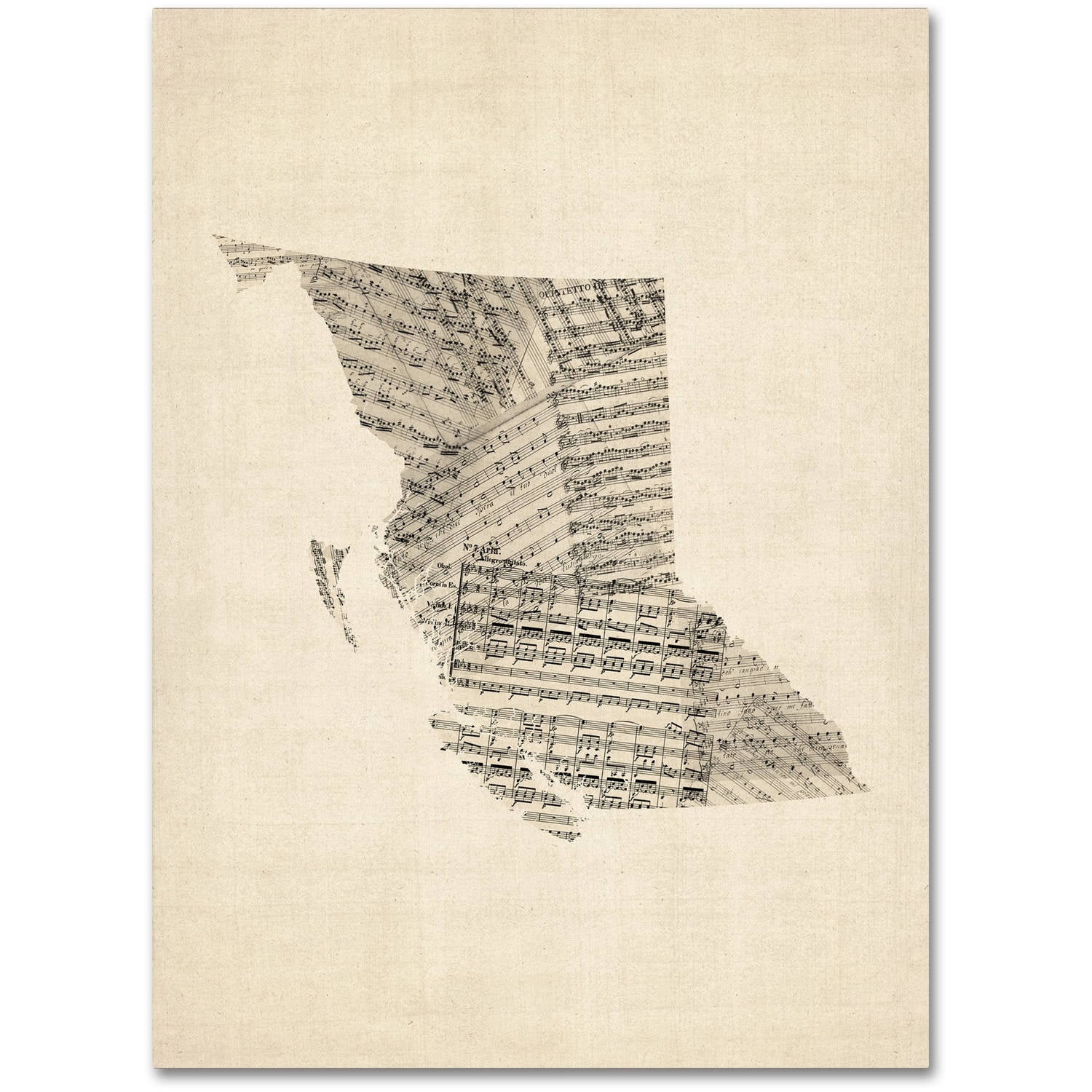 Trademark Fine Art "Old Sheet Music Map of British Columbia" Canvas Art by Michael Tompsett