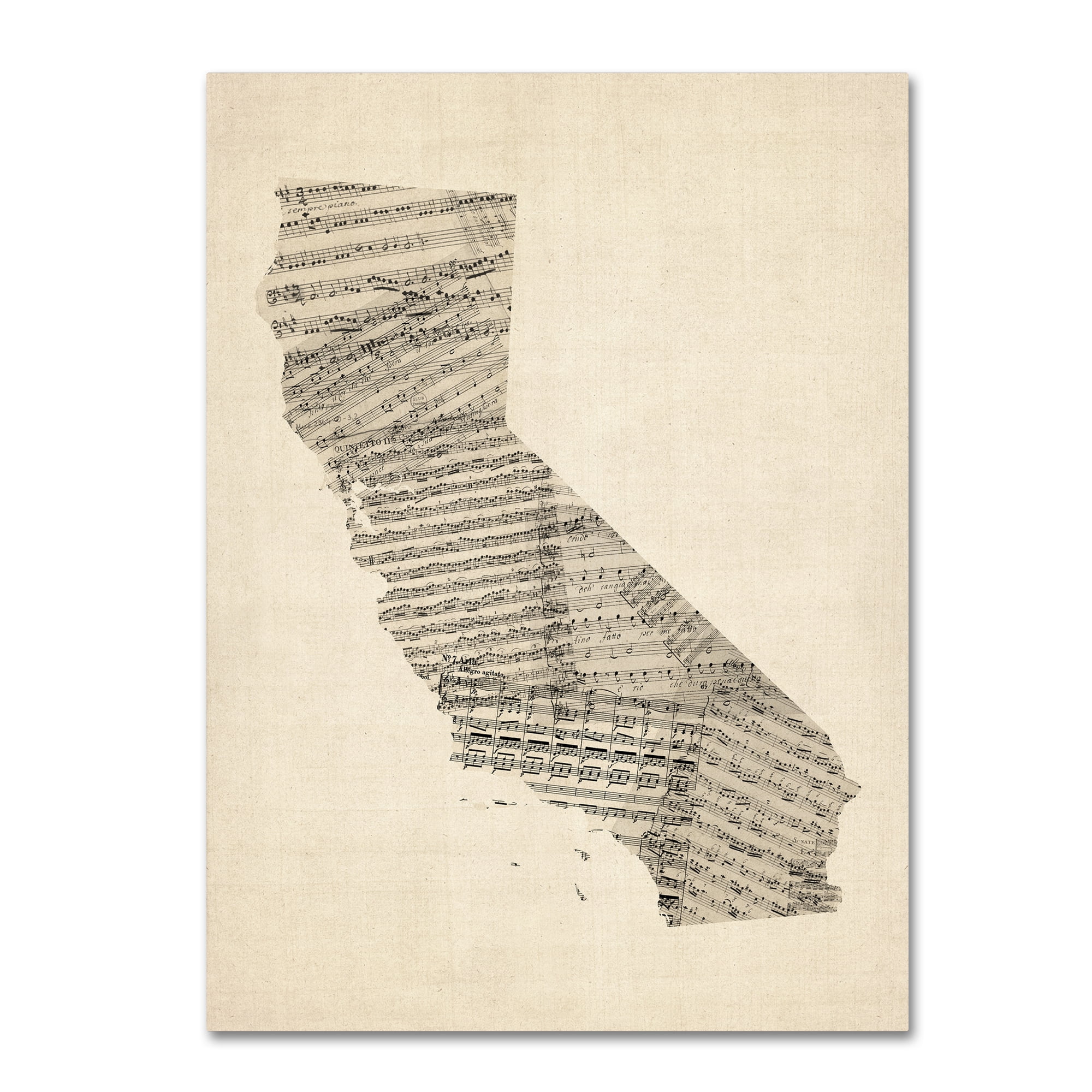 Trademark Fine Art "Old Sheet Music Map of California" Canvas Art by Michael Tompsett