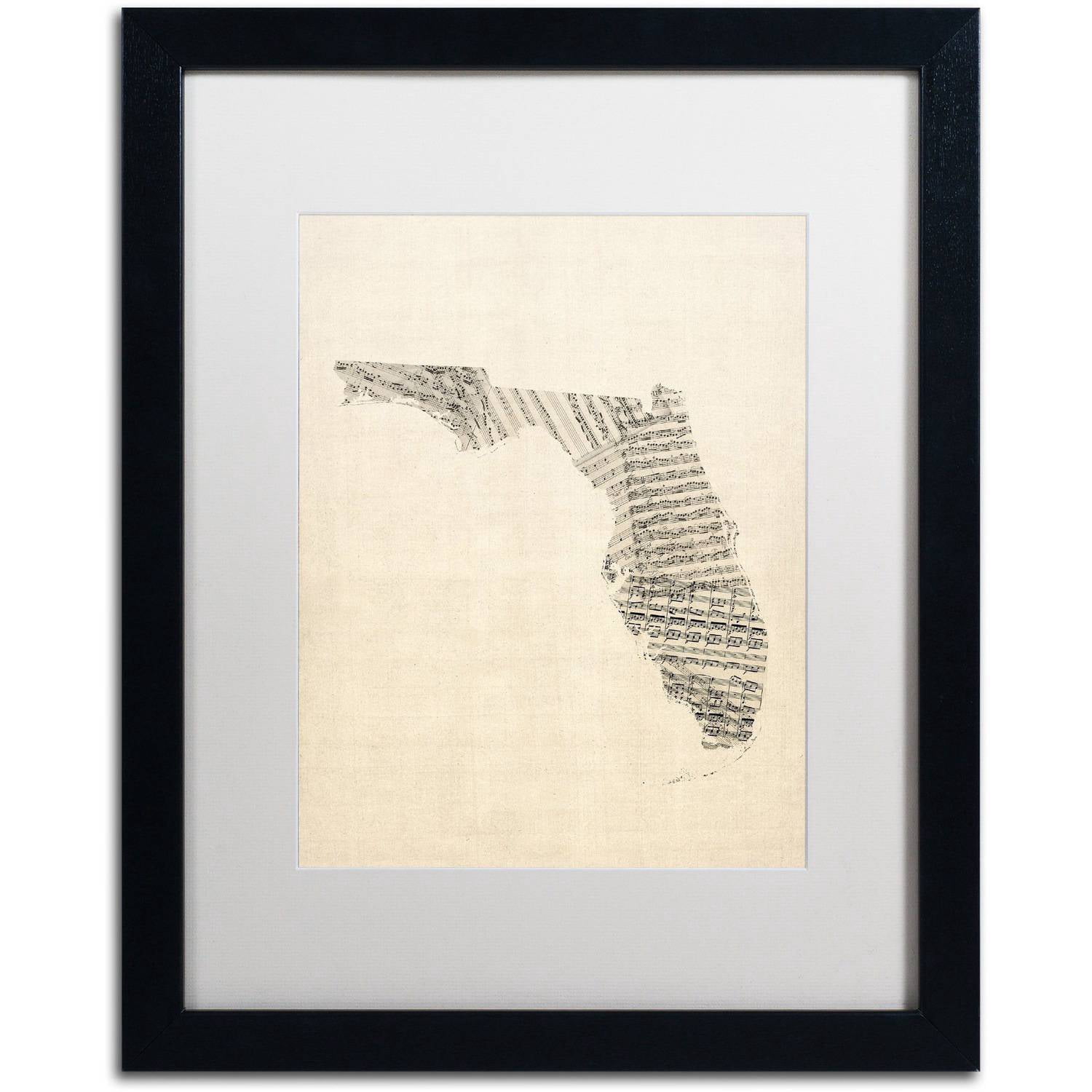 Trademark Fine Art 'Old Sheet Music Map of Florida' Canvas Art by Michael Tompsett, White Matte, Black Frame