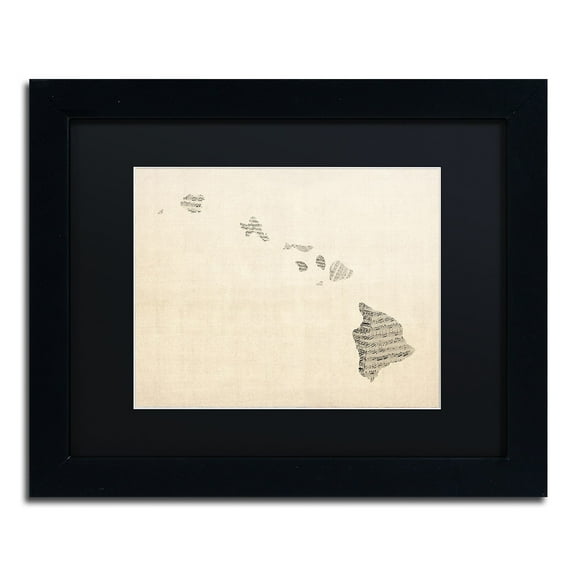 Trademark Fine Art 'Old Sheet Music Map of Hawaii' Canvas Art by Michael Tompsett, Black Matte, Black Frame