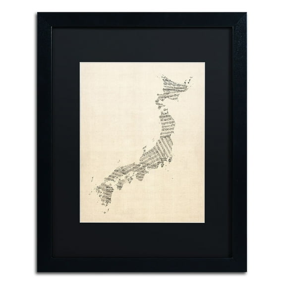 Trademark Fine Art ''Old Sheet Music Map of Japan'' by Michael Tompsett 16" x 20" Black Matted Black