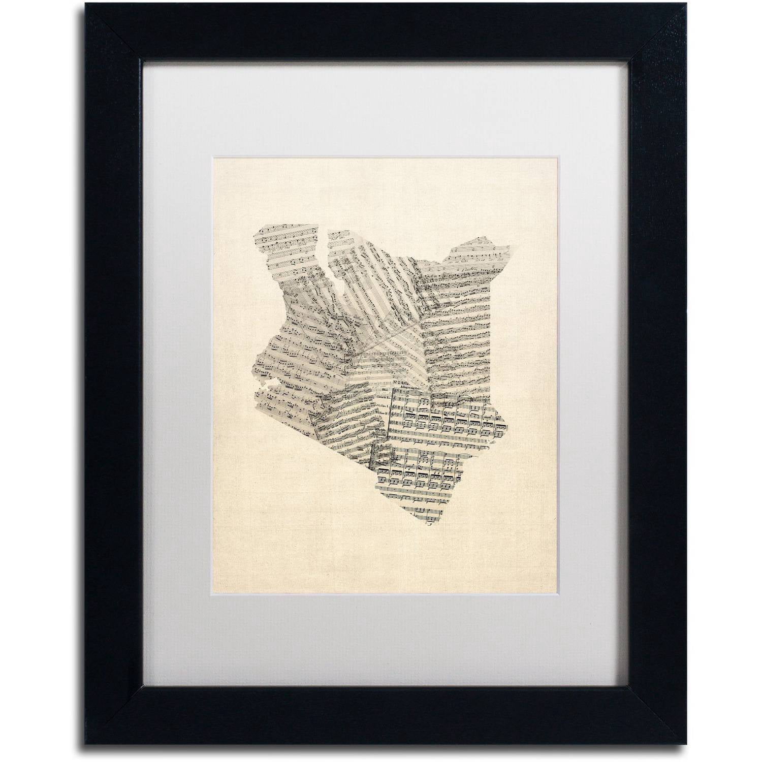 Trademark Fine Art 'Old Sheet Music Map of Kenya' Canvas Art by Michael Tompsett, White Matte, Black Frame
