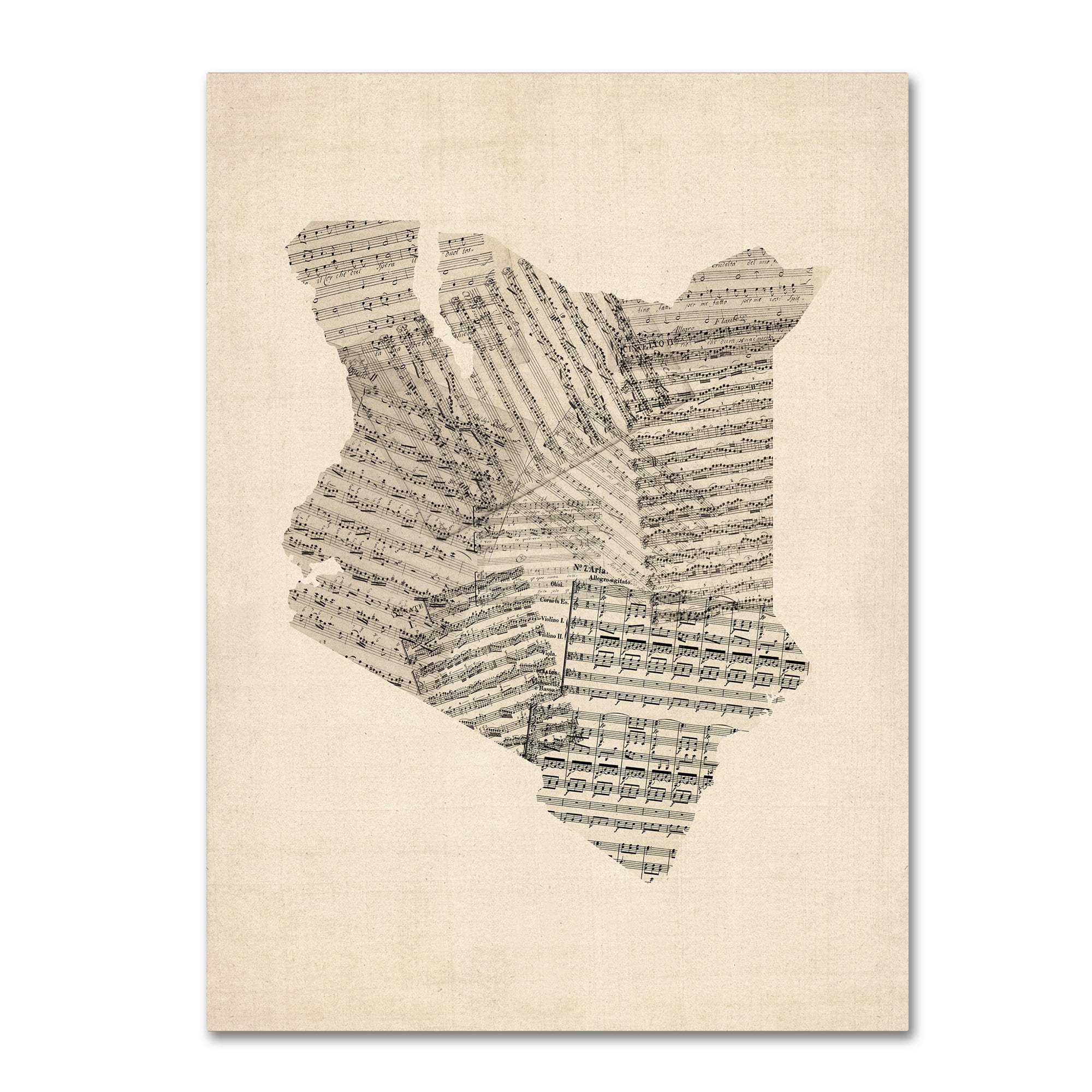 Trademark Fine Art "Old Sheet Music Map of Kenya" Canvas Art by Michael Tompsett